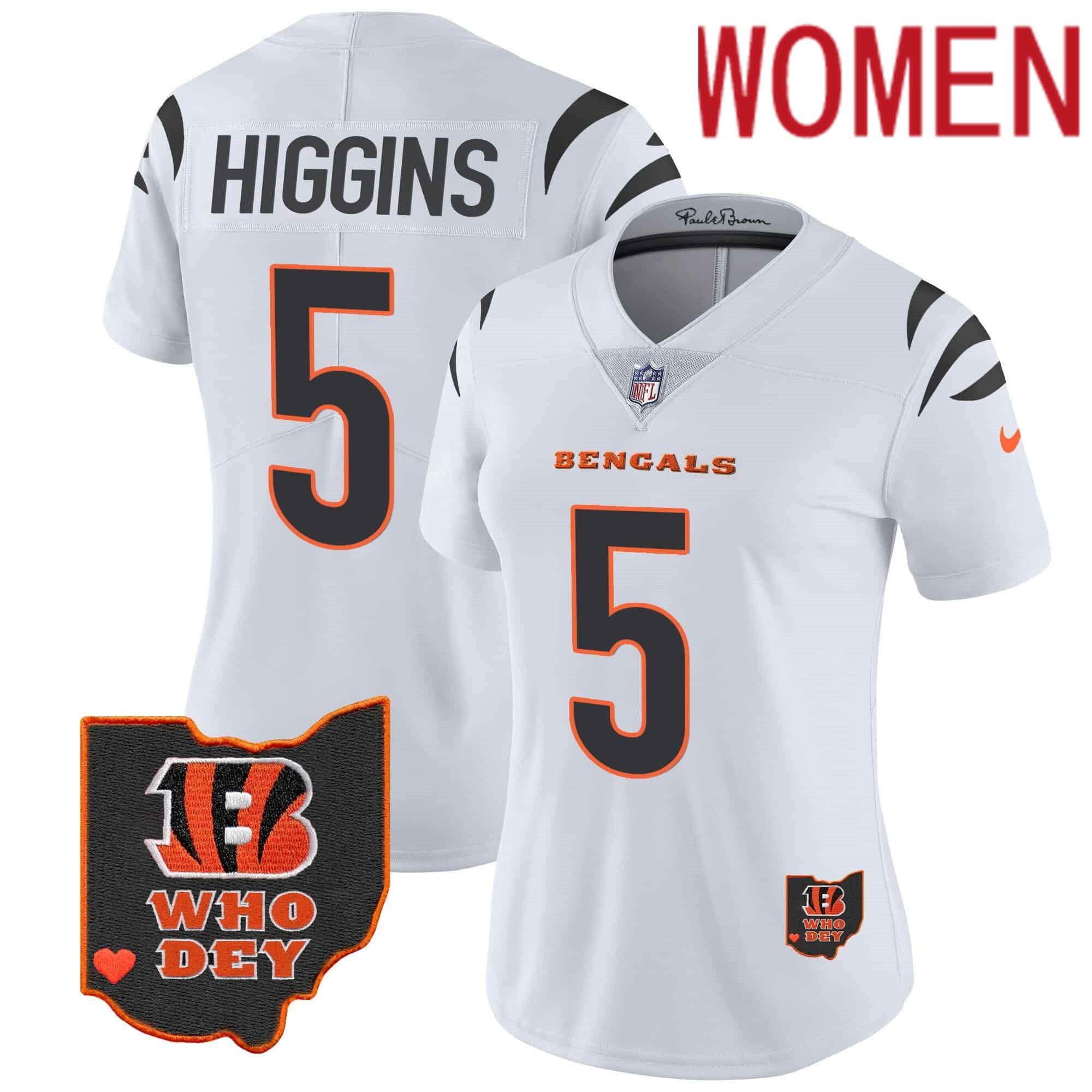 Women Cincinnati Bengals #5 Higgins White 2024 Nike Patch Vapor Limited NFL Jersey->women nfl jersey->Women Jersey